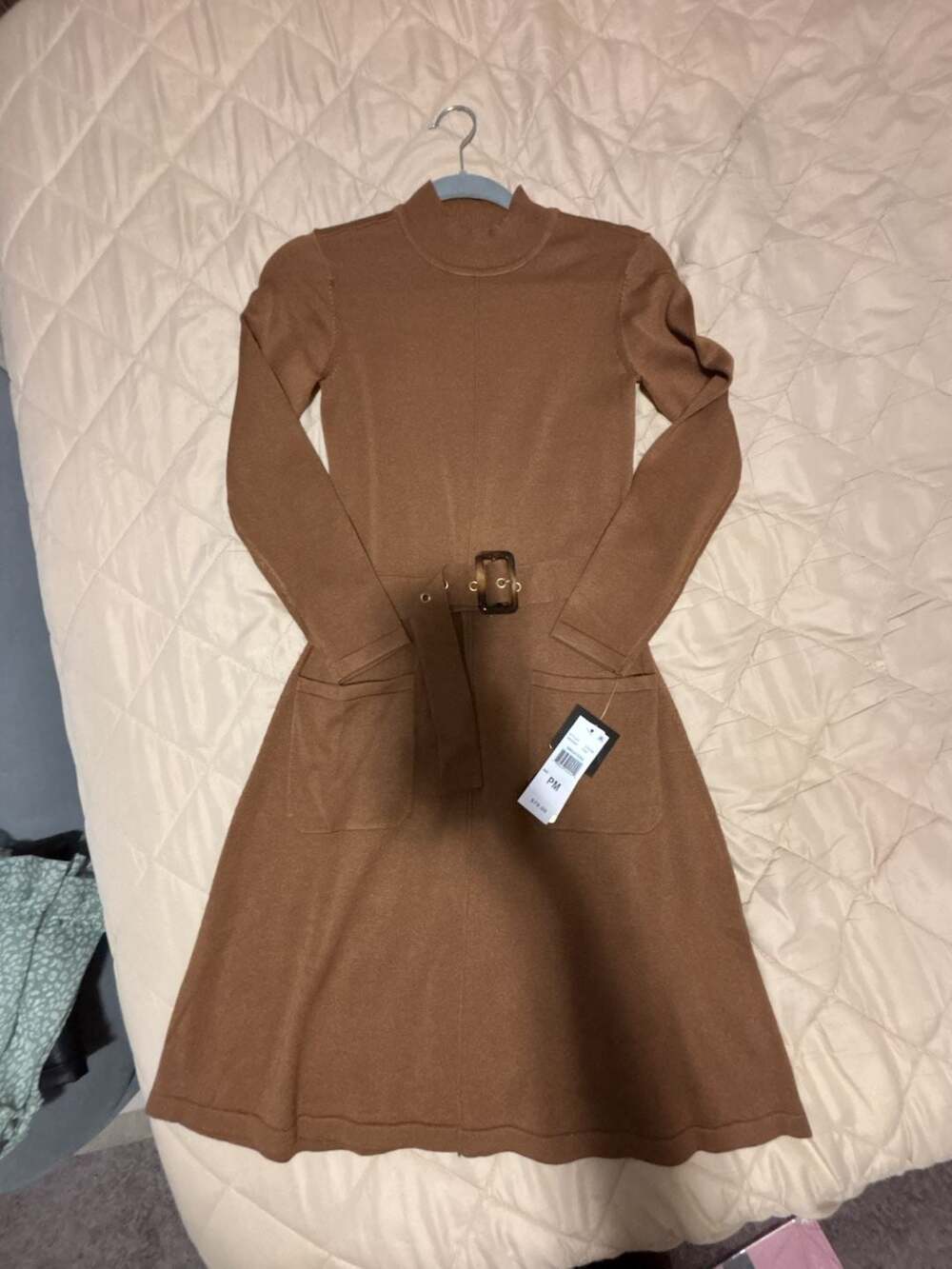 Signature by Robbie Bee Mock Neck Belted Sweater Dress Tan Size PM
